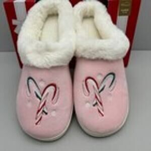 Charter Club Slippers Womens XL 11-12 Pink Candy Canes Comfy Festive Lounge Cozy